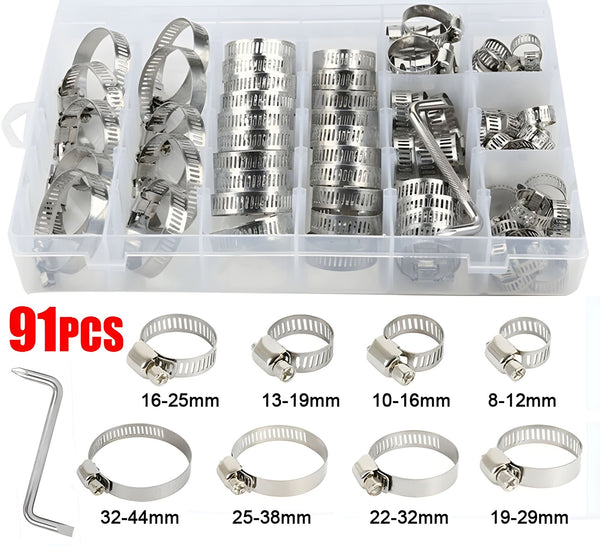 91PCS Hose Clamps Clips Adjustable Range Worm Gear Pipe Clamp Kit