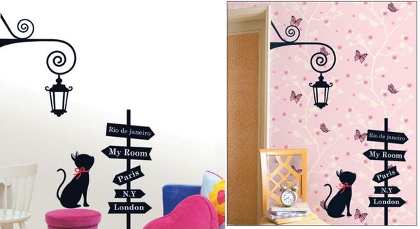 Wall Decal - Cat and Road Sign Lamp