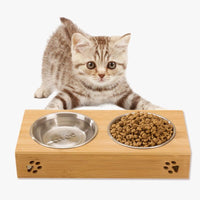 Stainless Steel Double Bowl with Bamboo Stand for Dog Cat Pet